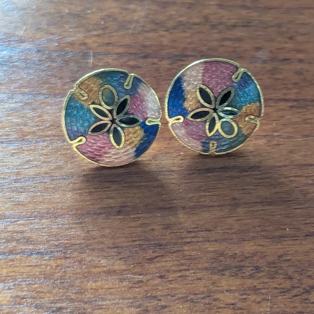 Jewel Tones Sand Dollar Earrings Mosaic Multicolor Gold Floral Stud Pierced